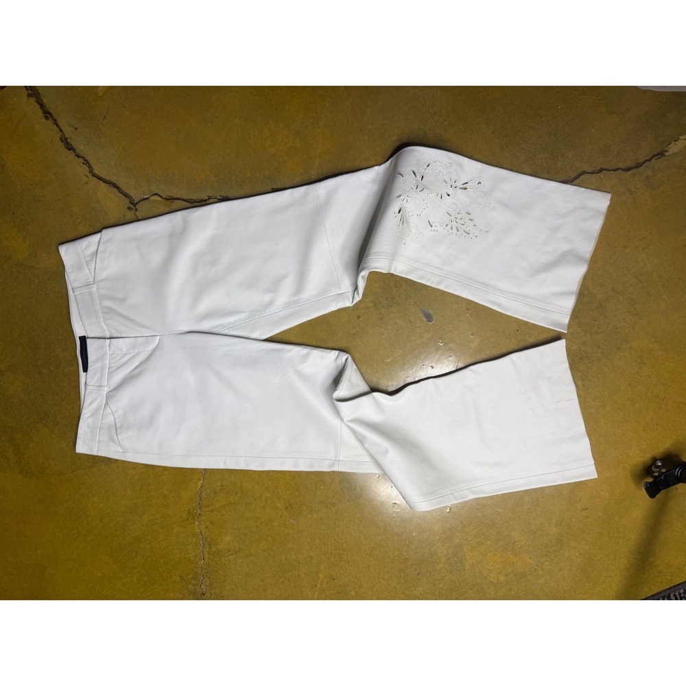 Y2K Vtg Express Design Studio Leather Pants‎ White Floral Cutout Editor Size 8